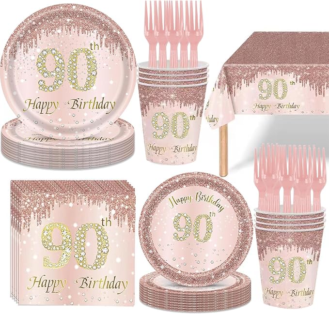 121Pcs 90th Birthday Party Supplies Plates Napkins Cups Forks Tablecloth Rose Gold Happy 90th Birthday Themed Disposable Tableware Decorations Serves 24 Guests for Women 90 Years