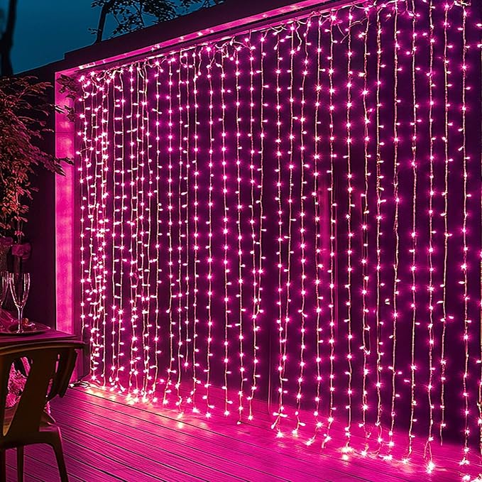Dazzle Bright 300 LED Curtain String Lights, Valentine's Day Fairy Lights for Bedroom with 8 Lighting Modes, Connectable Waterproof Window Lights Party Wedding Garden Wall Christmas Decor, Pink
