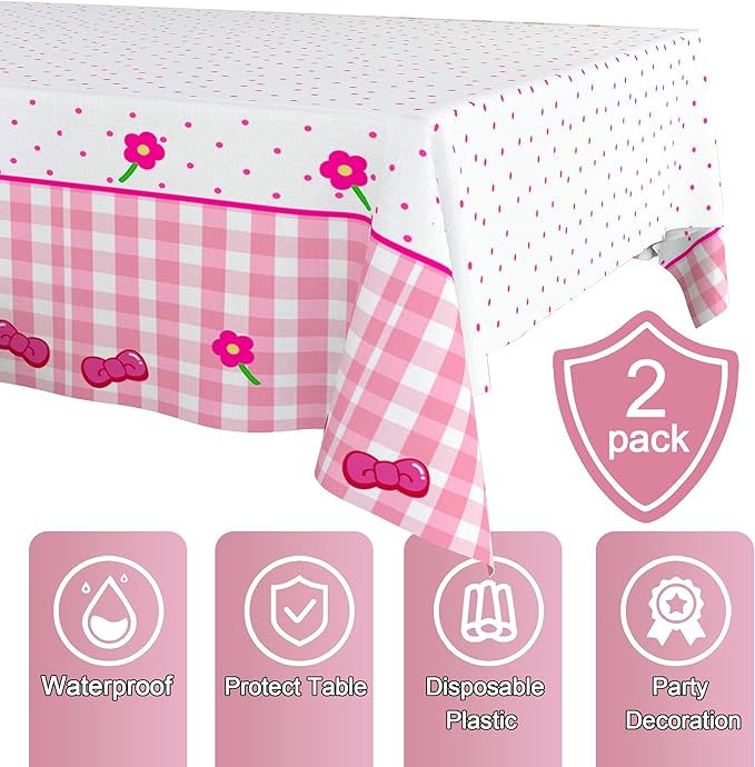 Pink Bow Flower Tablecloth 2 Packs, Pink White Gingham Cute Plastic Tablecloths Disposable Birthday Party Decoration, 54" x 108" Waterproof Tablecloth for Girls Birthday Princess Party Supplies