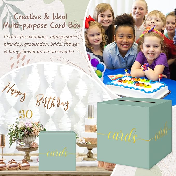 QIKSION Sage Green Wedding Card Box, Gold Foil Gift Card Box for Party, Wedding Reception, Birthday, Baby Shower, Raffle, Graduation