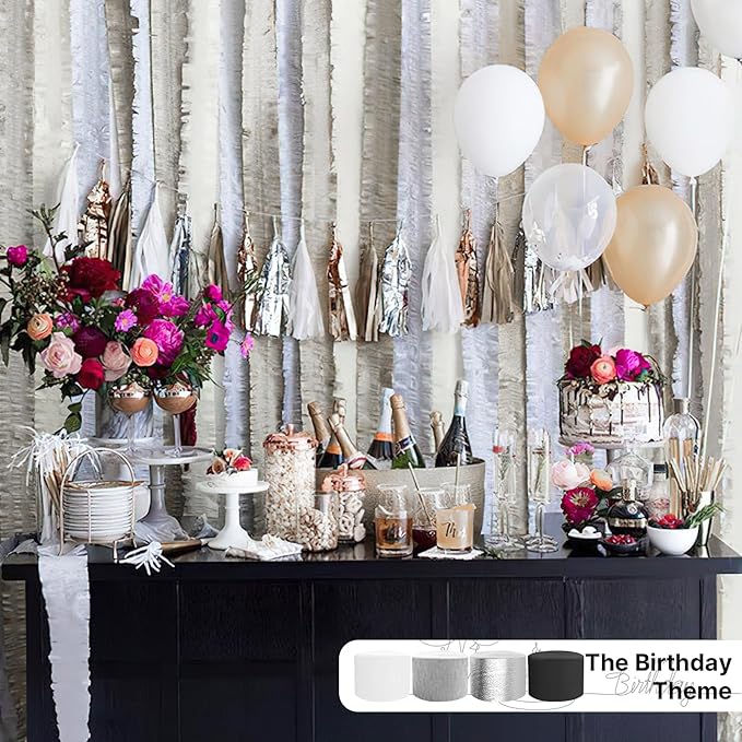 PartyWoo Crepe Paper Streamers 4 Rolls 328ft, Pack of Silver Foil Party Streamers, Party Streamers for Birthday Party Decorations, New Year's Eve Decorations, Wedding Decorations (1.8 In x 82 Ft/Roll)
