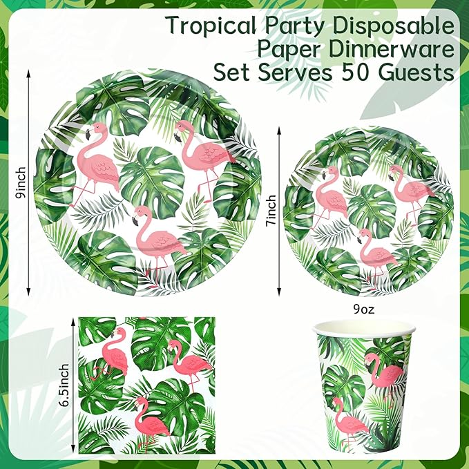 200 Pcs Tropical Flamingo Hawaiian Aloha Party Supplies Serve 50 Guests Luau Paper Plates Cups Napkins for Summer Beach Tableware Pool Party