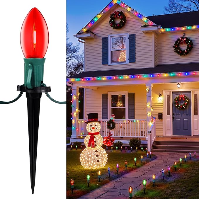 C9 Christmas String Lights Outdoor - 25.7 Feet 20 LED Christmas Pathway Lights with 20 Stakes Connectable Waterproof for Driveways Xmas Holiday Patio Decoration, Multicolored
