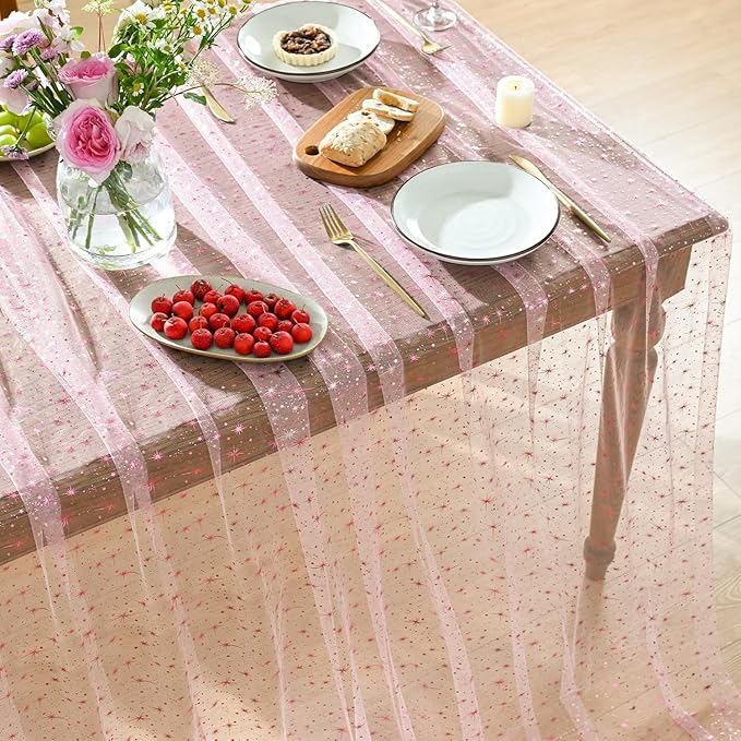 Horaldaily Pink Gold Sparkling Star Gauze Tablecloth 52x70 Inch Rectangular, Pink Star Sequin Glitter Metallic Foil, Sheer Tulle Cheesecloth for Wedding Baby Shower Party