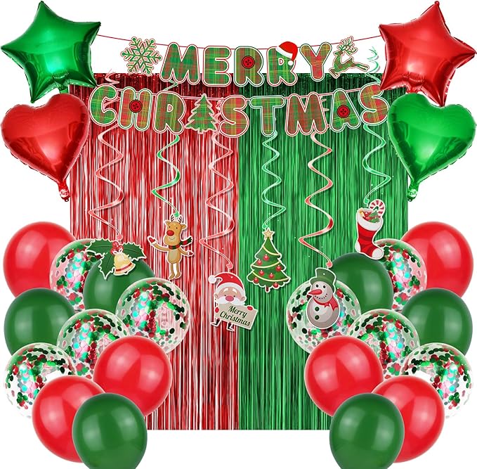 Christmas Party Decoration Supplies Christmas Balloons Merry Christmas Banner Hanging Swirls Red and Green Metallic Fringe Curtains Christmas Decor