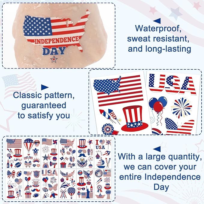 106 PCS 4th of July Tattoos, Fourth of July Tattoos for Kids, Patriotic Temporary Stickers, American Flag Red White Blue Decor for Independence Day Accessories Decoration Supplies Favors