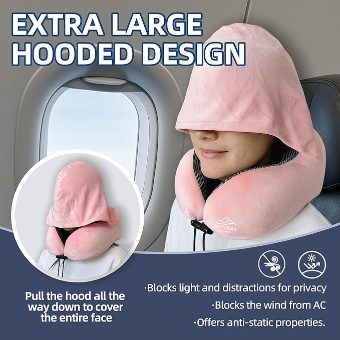 Travel Pillow with Extra Large Hood for Airplane Long Flights Privacy and Comfort Memory Foam with Velvet Cover for Road Trip Head&Neck Support for Plane Office Cars Sleeping & Rest (Pink)