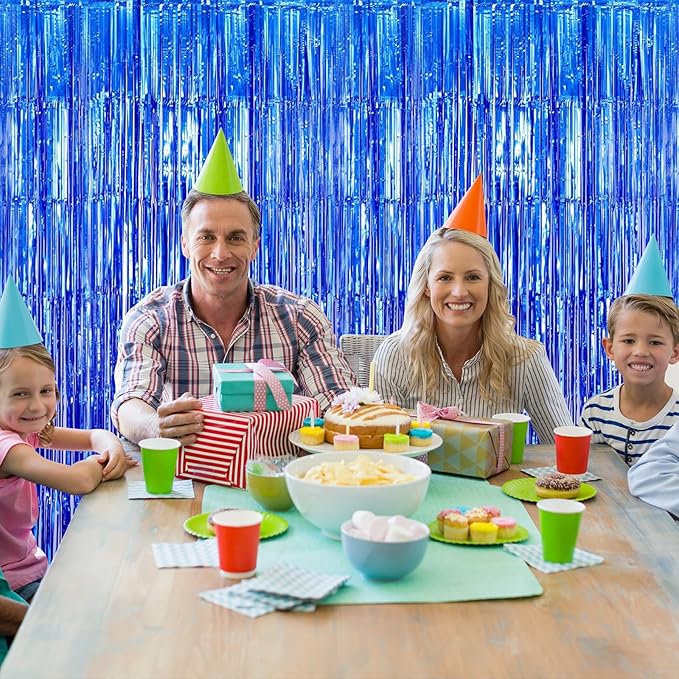 6 Pack Blue Foil Curtain Backdrop 3.2ft x 6.6ft Metallic Tinsel Fringe Backdrop Curtains Streamer Photo Booth Backdrop for Birthday Engagement Bachelorette Christmas Holiday Party Decorations