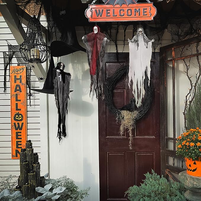 Halloween Hanging Skeleton Ghosts (3 Pack), One 36” and Two 32” Halloweens Grim Reapers, Flying Ghosts for Haunted House Prop Décor, Indoor/Outdoor Halloween Decorations