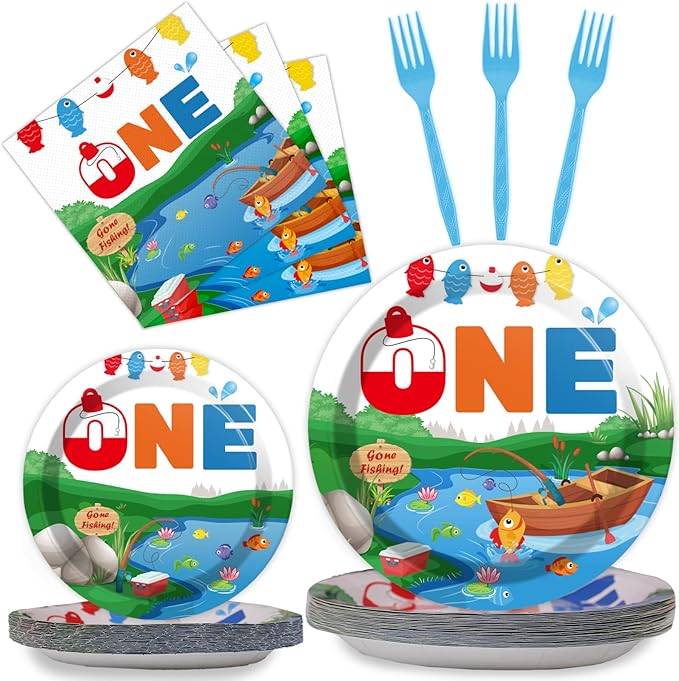 96 Pcs Ofishally One Birthday Party Paper Plate and Napkins Gone Fishing 1st Party Party Decorations Little Fisherman Tableware Set Disposable The Big One Birthday Supplies for Party Favors 24 Guests