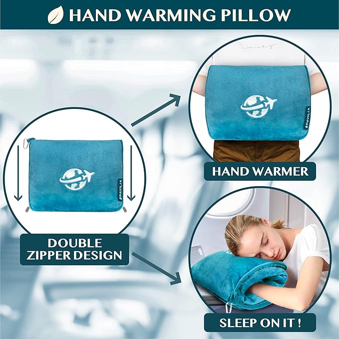 PAVILIA Travel Blanket and Pillow, Arms Opening Airplane Blankets for Adults, Compact Plane Blanket with Arm Hole 2-in-1 Bag for Flight Car Camping Fit in Luggage Backpack Traveler Gift, Teal Blue