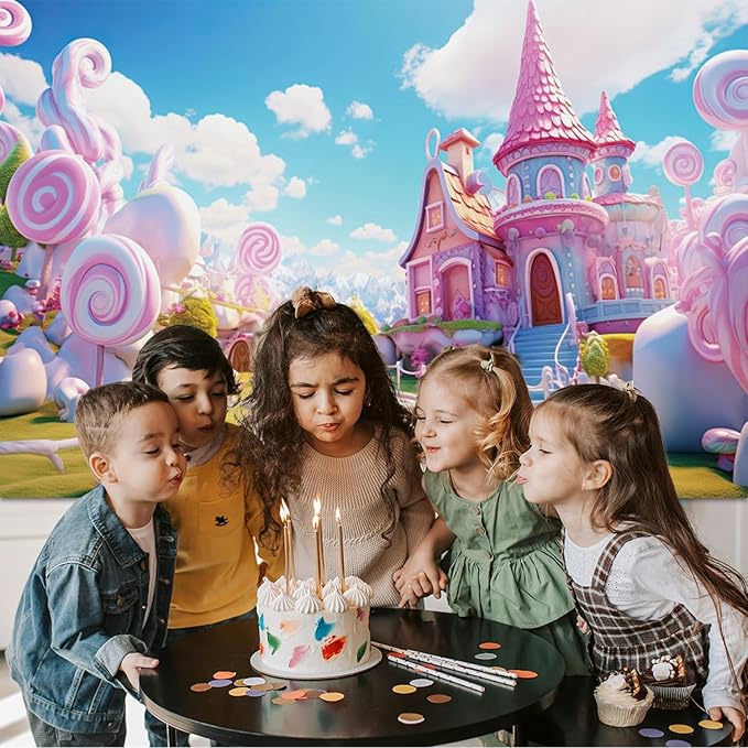 6x4ft Candyland Backdrop Pink Sweet Candy Castle Fairy Tale Photography Background for Girls Princess Birthday Baby Shower Party Decorations Kids Portraits Banner Photo Studio Props