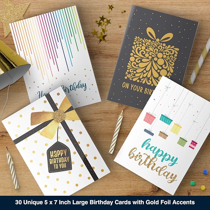 Dessie 30 Unique Happy Birthday Cards 5x7 - Gold Foil Birthday Cards Bulk With Message Inside. 32 White and Colored Envelopes, Perpetual Birthday Calendar and Gold Sealing Stickers Included In Box
