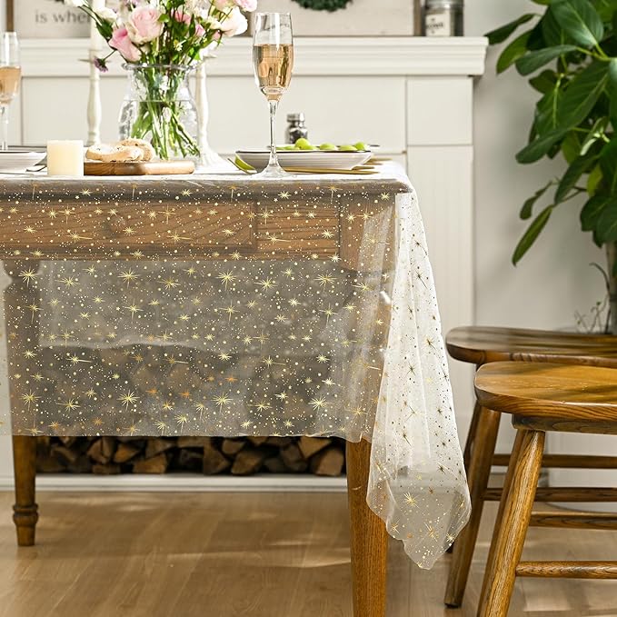Horaldaily Beige Gold Sparkling Star Gauze Tablecloth 60x120 Inch Rectangular, Golden Star Sequin Glitter Metallic Foil, Sheer Tulle Cheesecloth for Wedding Baby Shower Party