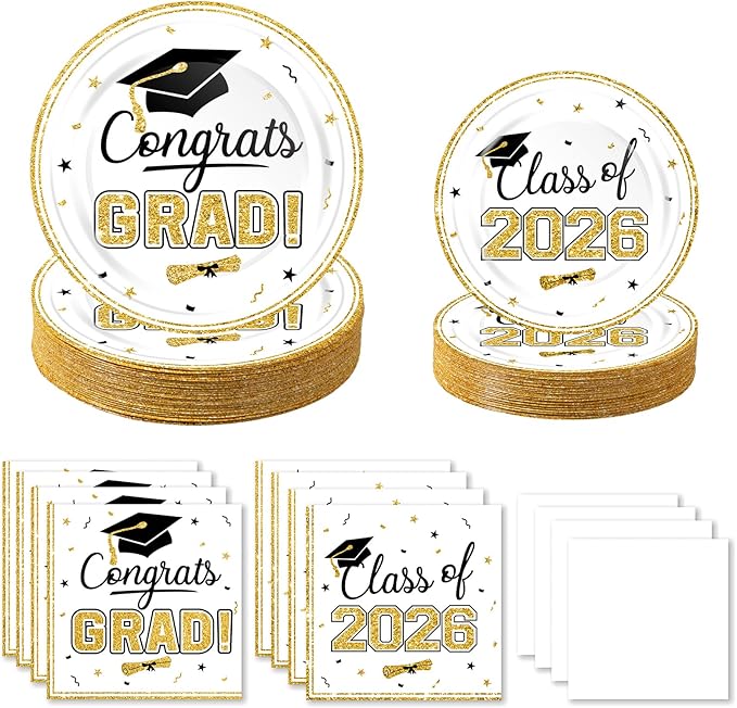 320Pcs Graduation Table Decorations Party Supplies - White Gold Graduation Plates and Napkins Class of 2026 Disposable Dinnerware Set for College High School Congrats Grad Party Favors, Serve 80