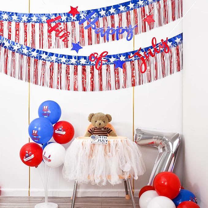 Mega-L 4th of July Decorations 4Packs 78 Feet Foil Fringe Garland Tinsel Streamers, Red White and Blue Star Metallic Hanging Backdrop Banner Table Skirts for Parade Floats Memorial Day Patriotic Party