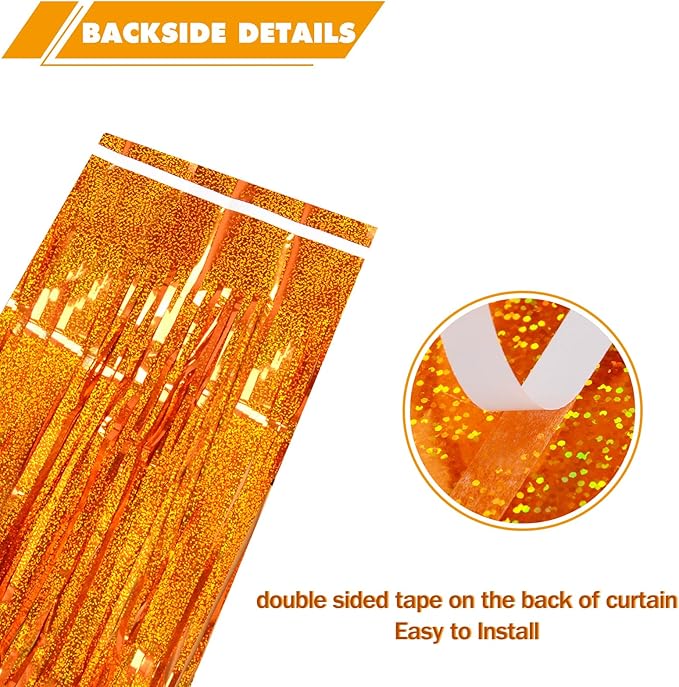 Melsan Orange Tinsel Backdrop Curtains, 3.2ft x 8.2ft Sparkle Metallic Foil Fringe Curtain for Basketball Thanksgiving Halloween Birthday Party Decorations, 2 Packs