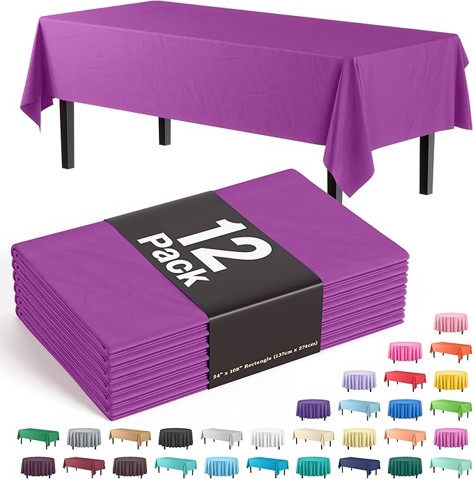 Exquisite 12-Pack Premium Plastic Tablecloth 54in. x 108in. Rectangle Table Cover - Magenta
