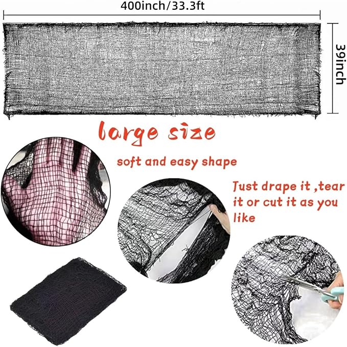 400 x 39 inch Large Size Creepy Cloth Black Halloween Scary Spooky Cloth-Windows Doorways Gauze Cobweb Spider webs Decorations for Halloween Party Haunted House Decor