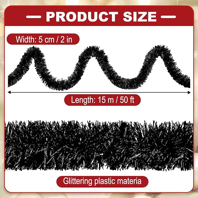 50 Feet Christmas Tinsel Garland, Metallic Twist Wall Hanging Tinsel Backdrop for Parade Floats, Carnival, Birthday, Wedding, New Year Party Decorations (Black, 2in x 50ft)