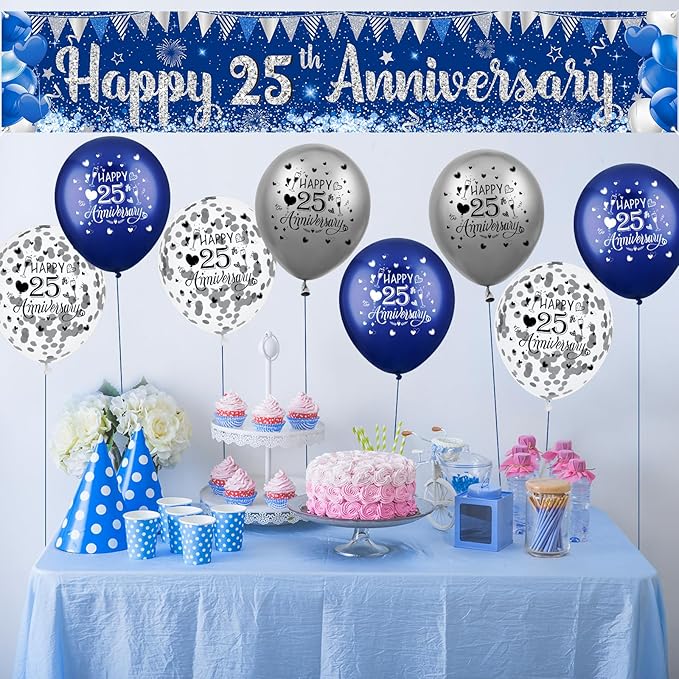 Blue Silver 25th Anniversary Decorations for Men Women, Blue Happy 25th Anniversary Banner and 18Pcs Balloons for 25 Years Silver Wedding Party Decoration Supplies