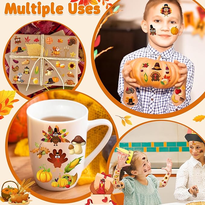 117PCS Thanksgiving Temporary Tattoos for Kids, 9 Sheets Thanksgiving Stickers Turkey Pumpkin Leaves Nuts Patterns, Fall Tattoos Stickers for Harvest Gathering Party Favors Accessories Decorations
