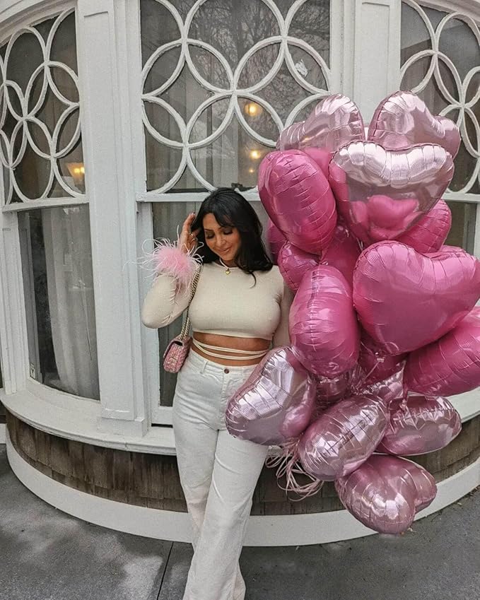 Hot Pink Heart Shaped balloons Pack of 12,18 Inch Silver Love Valentine Balloons Pink Heart Romantic Balloons For Valentines Day Wedding Bridal Shower Engagement Anniversary Party Decorations