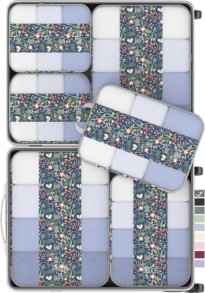 6 Set Compression Packing Cubes for Travel Essentials,Compressible Expandable Packing Cubes for Suitcase,OlarHike Luggage Organizer Bags for Travel(Dark Blue Floral)