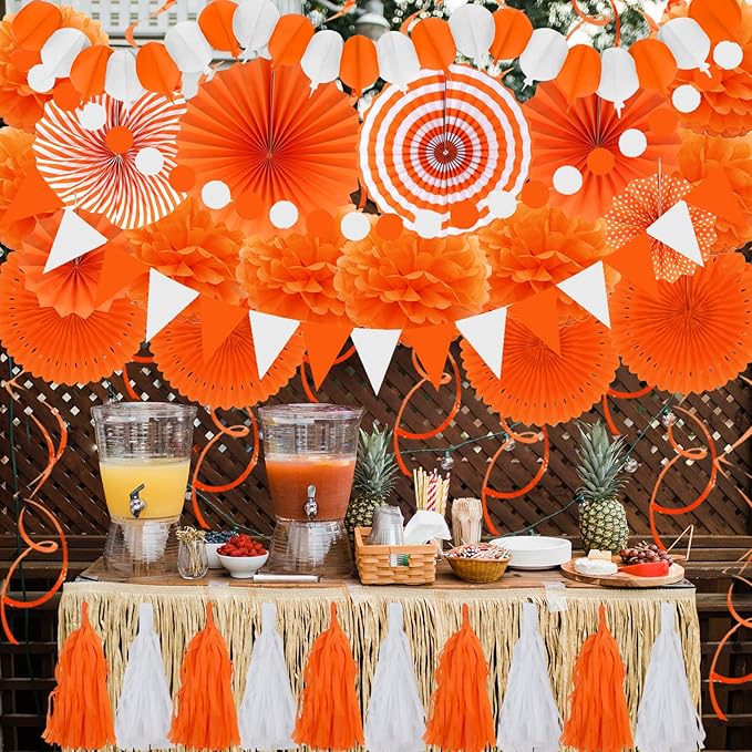 ZERODECO Party Decorations, 41 Pcs Orange Papar Fans Pompoms Garlands String Tissue Paper Tassel for Halloween New Years Spring Festival Wedding Birthday Party