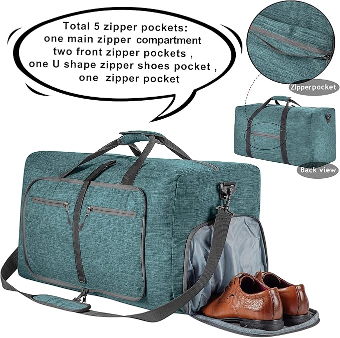Vomgomfom 65L/85L/115L Foldable Travel Duffle Bag, Lightweight Checked Luggage with Shoe Compartment, Water-Resistant Weekender Overnight Bag for Men & Women