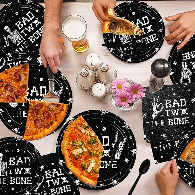 140PCS Bad Two The Bone Theme Party Decorations Boy Rock And Roll Birthday Tableware Include Plates,Napkins and Cups for Birthday Party Decorations