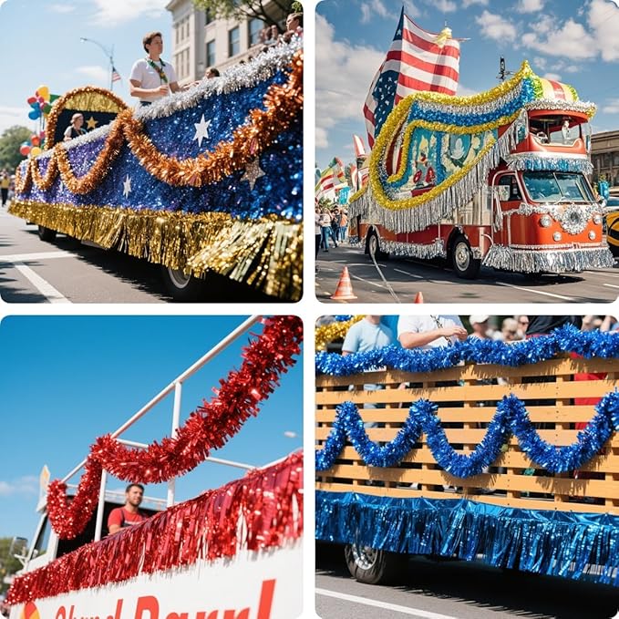 3 Pack Red Total 30 Feet Foil Fringe Garland Metallic Tinsel Banner Wall Hanging Drapes Parade Float Skirting Decorations for Trailer Mardi Gras Party Birthday Wedding Baby Shower (Red)