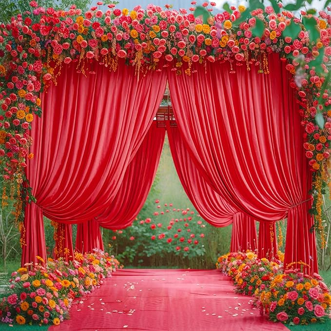 16x10FT Red Backdrop Curtains for Wedding Parties, Wrinkle Free Polyester Photography Backdrop Drapes for Wedding Baby Shower Birthday Parties Stage Background Stand Decorations 4x10ft,4 Panels