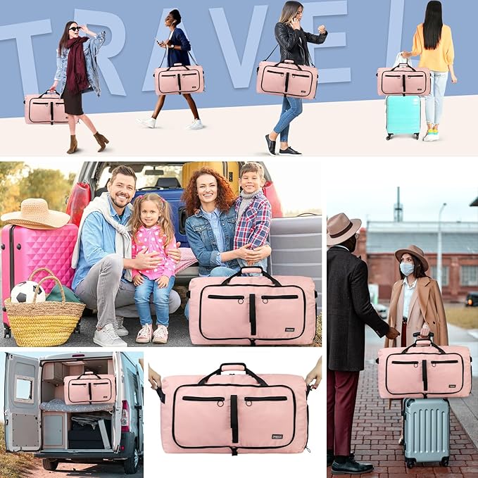 Fmeida 65L Duffle Bag with Shoes Compartment, Foldable Travel Duffel Bags for Men Women, Large Packable Travel Bag Water Repellent & Tear Resistant (Light Pink)