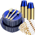 350 PCS Blue and Gold Plastic Plates, Disposable Dinnerware Set for 50 Guests, 100 Disposable Plates, 150 Silverwares, 50 Cups, 50 Napkins for Wedding, Party, Graduation