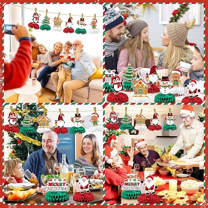 JULMELON Christmas Table Decorations Honeycomb Centerpieces,8 PCS 3D Double Side Xmas Holidays Table Centerpieces Cute Santa Snowman Table Toppers Decor for Christmas Party Supplies