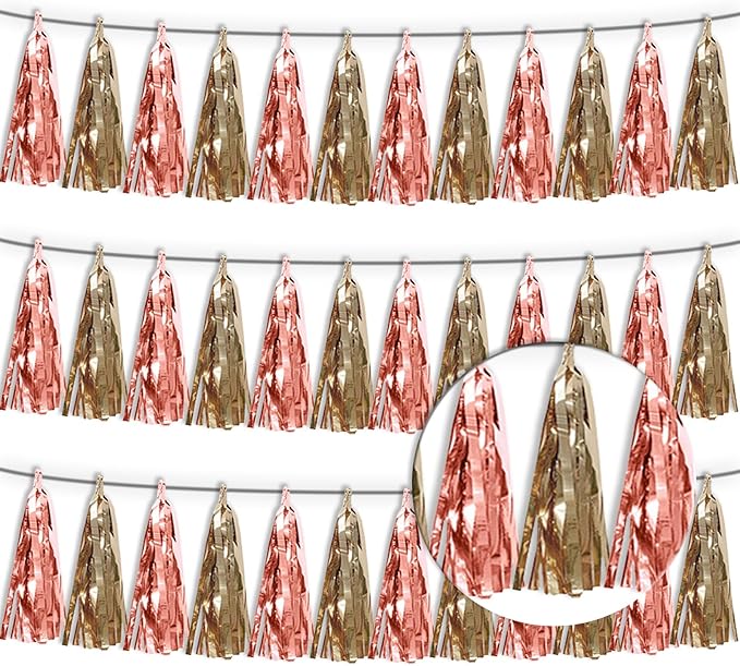 3P Rose Champagne Gold Metallic Fringe Tassel Banner Garland Foil Tinsel Streamer Wall Hanging Curtain Backdrop Banner for Parade Floats, Graduation Decorations, Wedding Party Decoration