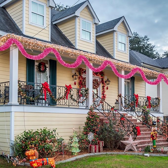 25 Feet Christmas Tinsel Garland, Metallic Twist Garland Wall Hanging Tinsel Garland Backdrop for Parade Floats, Carnival, Birthday, Wedding, New Year Party Decorations (Pink, 4in x 25ft)