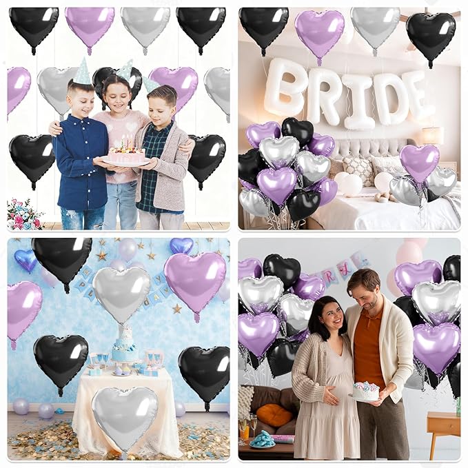 Purple and Black Heart Balloons, 10 Pcs Light Purple Silver Heart Shape Foil Balloon 18 Inch Birthday Balloons for Girls Princess Theme Birthday Wedding Valentines Baby Shower Party Decoration