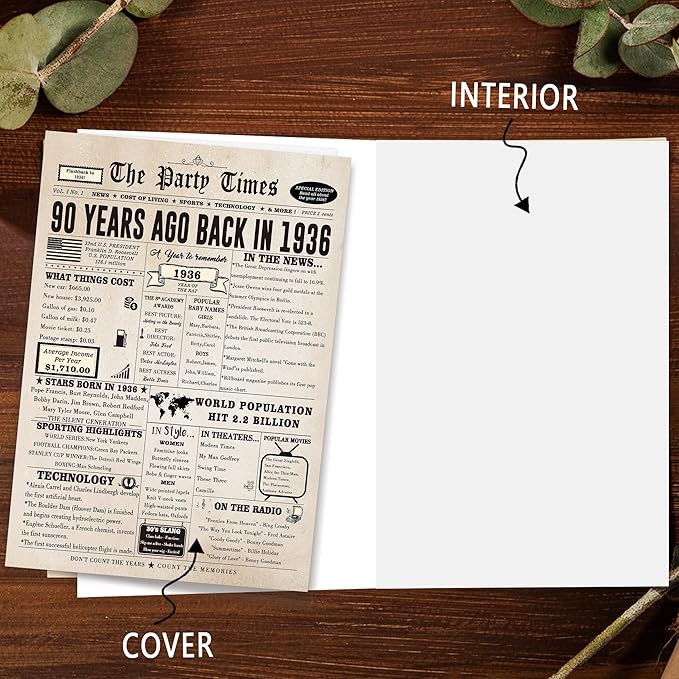 Ziwenhu Large 90th Birthday Card for Grandma Grandpa,Vintage Birthday Decoration Gifts for 90 Years Old Women Men, Funny 90th Birthday Gifts for Mom Dad Family
