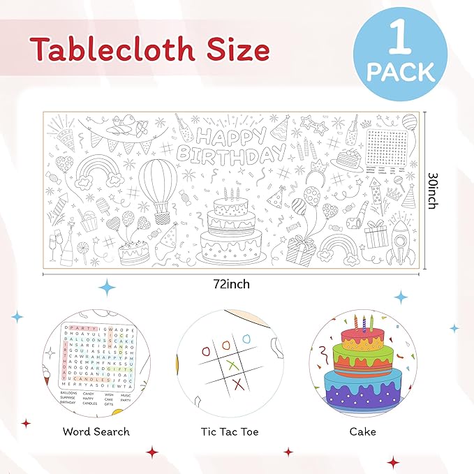 Childom 1 Pack Birthday Coloring Tablecloth Disposable Birthday Tablecloths 30x72 Inch Coloring Table Cloth Paper Tablecloth Rectangle Table Cover