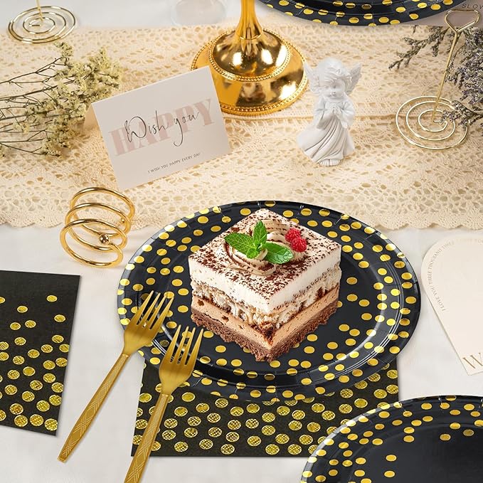 Black and Gold Paper Plates and Napkins Tablecloth Party Supplies,Serves 25 Guests Black Gold Plates and Napkins Tablecloth,Disposable Tableware Set for Birthday Graduation Retirement Decorations