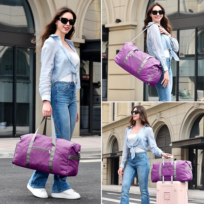 Felipe Varela Carry on luaggage Airlines Approved, Foldable Carry on Bag Travel Duffel Bags Overnight weekender Gym Duffle Carry Bag with Wet Pocket & Shoe Compartment for Women Men (Purple, 40L)