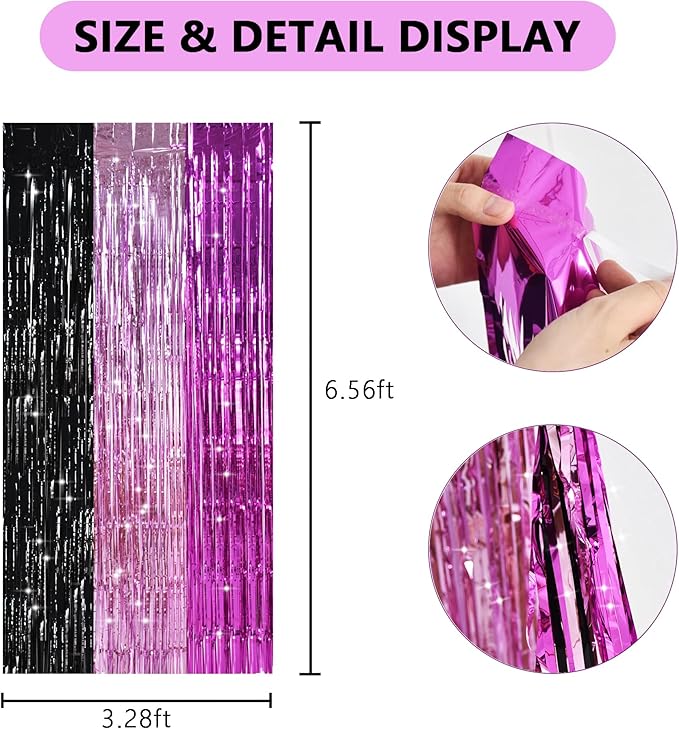 TONIFUL Black Pink Hot Pink Door Streamers,Black and Pink Photo Booth Backdrop Metallic Streamers Foil Fringe Curtain for Birthday,New Year,Graduation,Grad,Baby Shower Party Streamers Decoration