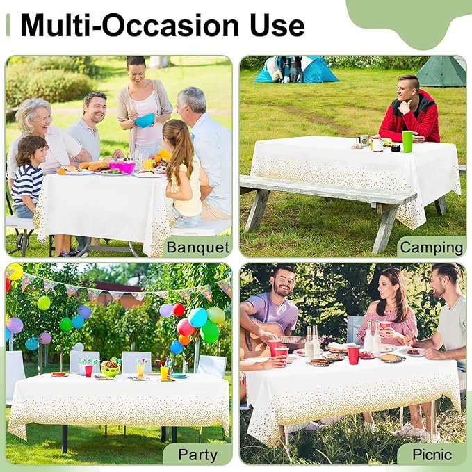 misaya 10 Packs Dot Disposable Table Cloth, 54 x 108 Inch Waterproof Plastic Tablecloth, Rectangle Gold Dots in White Table Covers for Easter, Picnic, Birthday, Party
