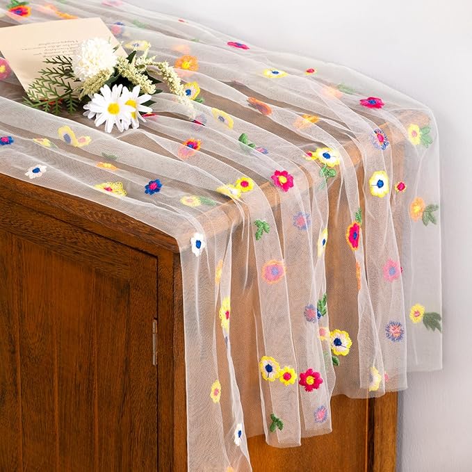 Socomi Ivory White Embroidery Daisy Spring Easter Floral Wildflower Tulle Gauze CheeseclothTable Runners for Wedding Party Baby Shower Birthday Holiday Picnic Home Decor 1pc