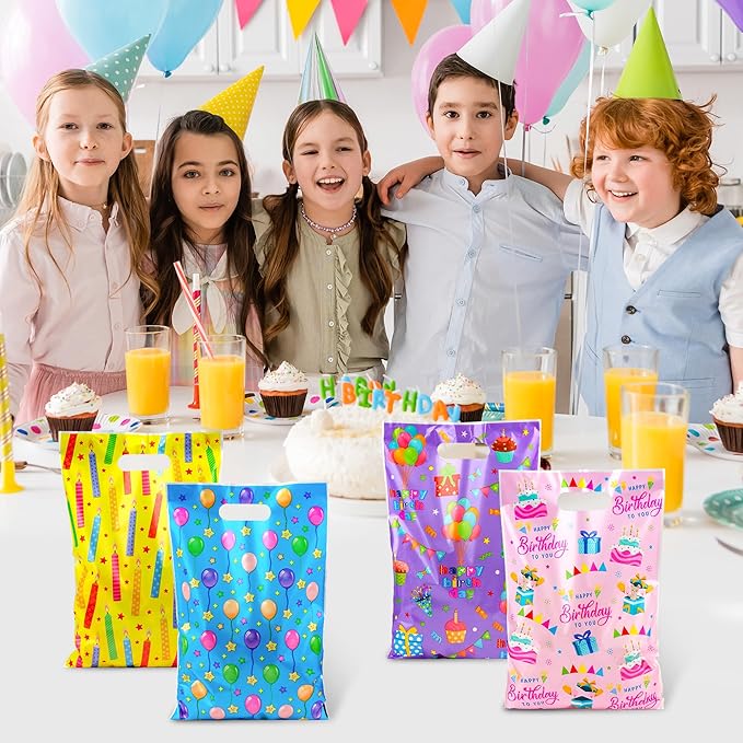 ZYLOP 100pcs Birthday Party Favor Bags - Plastic Happy Birthday Goodie Loot Gift Bags for Kids Girls & Boys Birthdays Party Supplies, Packaging Candy Treat Toys and Party Favors (6.5 x 9.8 Inches)
