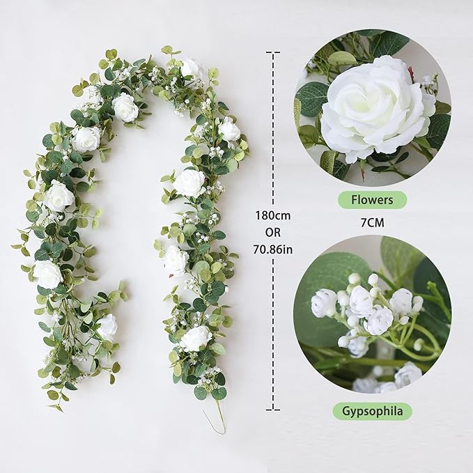 Anna's Whimsy 5.91FT Artificial Eucalyptus Garland with Flowers, Fake Flower Rose Gypsophila, Faux Floral Greenery Garland for Wedding Spring Home Party Craft Art Table Runner Decor