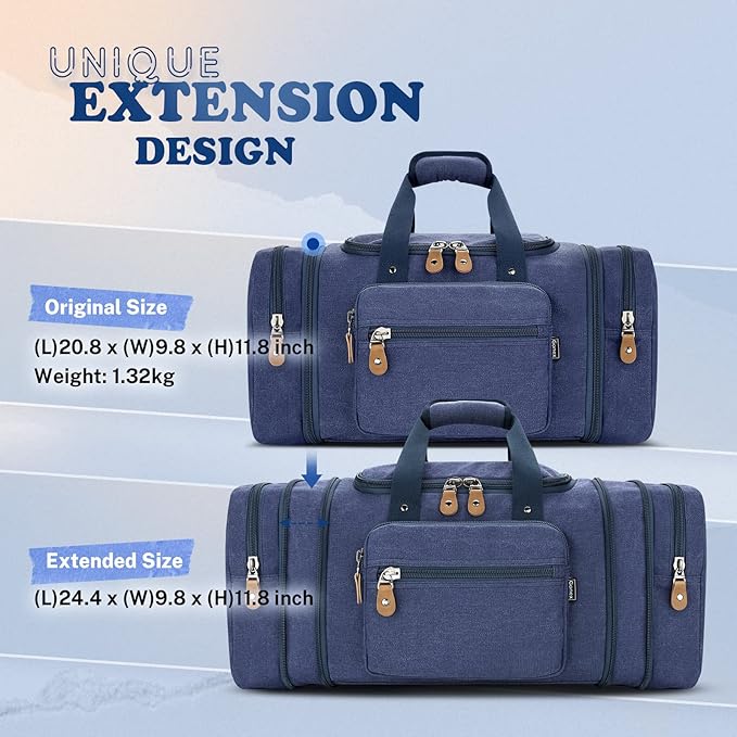 Gonex Canvas Duffle Bag for Travel 50L Expandable Duffel Weekend Overnight Bag men (Blue)