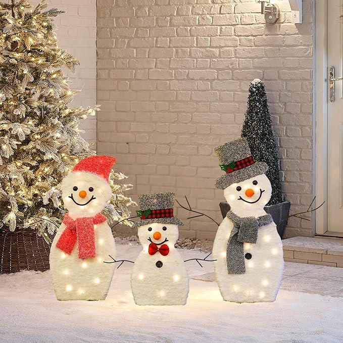 Dazzle Bright Snowman Christmas Decorations, 3-Piece Light Up 2D Snowman Family, 60 L Snowman Waterproof for Indoor or Outdoor Garden Yard Lawn Holiday Party Decor (Plush)
